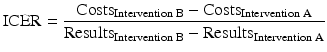 
$$ \mathrm{ICER}=\frac{{\mathrm{Costs}}_{\mathrm{Intervention}\;\mathrm{B}}-{\mathrm{Costs}}_{\mathrm{Intervention}\;\mathrm{A}}}{{\mathrm{Results}}_{\mathrm{Intervention}\;\mathrm{B}}-{\mathrm{Results}}_{\mathrm{Intervention}\;\mathrm{A}}} $$
