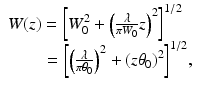 
$$ \begin{array}{l}W(z)={\left[{W}_0^2+{\left(\frac{\lambda }{\pi {W}_0}z\right)}^2\right]}^{1/2}\\ {}\kern2em ={\left[{\left(\frac{\lambda }{\pi {\theta}_0}\right)}^2+{\left(z{\theta}_0\right)}^2\right]}^{1/2},\end{array} $$
