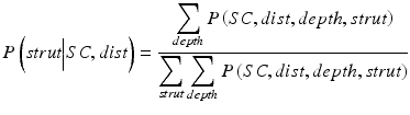 
$$ P\left( strut\Big|SC, dist\right)=\frac{{\displaystyle \sum_{depth}P\left(SC, dist, depth, strut\right)}}{{\displaystyle \sum_{strut}{\displaystyle \sum_{depth}P\left(SC, dist, depth, strut\right)}}} $$
