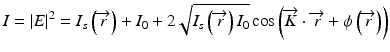 
$$ I={\left|E\right|}^2={I}_s\left(\overrightarrow{r}\right)+{I}_0+2\sqrt{I_s\left(\overrightarrow{r}\right){I}_0} \cos \left(\overrightarrow{K}\cdot \overrightarrow{r}+\phi \left(\overrightarrow{r}\right)\right) $$
